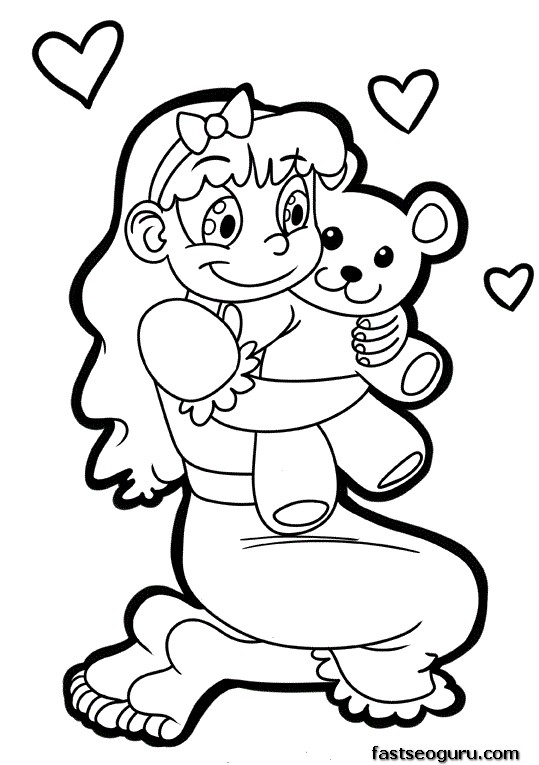 Printable Valentines Day girl with a cute teddy bear